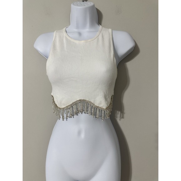Zara Limited Edition Seamless Crop Top Viral Rhinestone Fringe Hem Sz XS/S - Picture 3 of 10